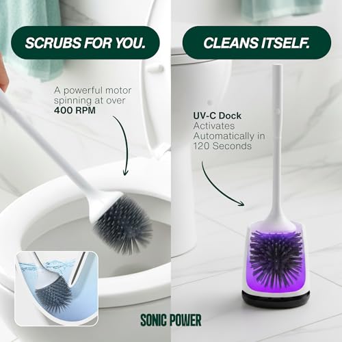 SonicPower Electric Toilet Brush & Scrubber – Self Cleaning Silicone Toilet Bowl Brush with UVC Light, Rechargeable Wireless Spinning Toilet Brush & Holder Set, Wall Mount or Floor Standing (2 Pack)
