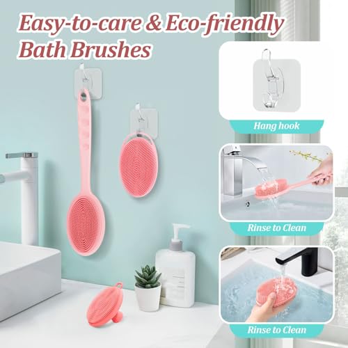 Silicone Back & Body & Face Scrubber Set 3PCS, Gentle Exfoliating Back & Body Scrubber with Dual-Side Brush Head, Hygienic Silicone Loofahs with Soft Bristle and Non-Slip Handle(Pink-3PC) - color: Pink*3