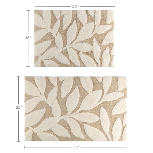2 Piece Bathroom Rug Set - 35x22 Inch and 25x18 Inch 100% Cotton Bath Mats with Textured Botanical Leaf Print for Boho Bathroom Decor - Bath Rugs Non Slip Washable Bathmats by Lavish Home (Natural) - color: Natural