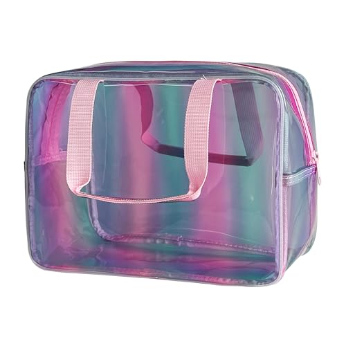 Waterproof Makeup Bag,11.81 x 5.12 x 8.27 inch Iridescent TPU Travel Toiletry Bag with Handle for Women & Men, Portable Cosmetic Pouch for Gym Swim Beach (A23014) - color: A23014-418-2
