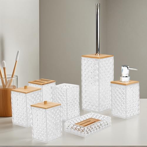 Bathroom Accessory Set,7 Pcs White Bathroom Set Include Soap Dispenser, Qtip Holder Dispenser, Soap Dish,Toilet Brush,Toothbrush Holder & Mouthwash Cup.Boho Bathroom Set