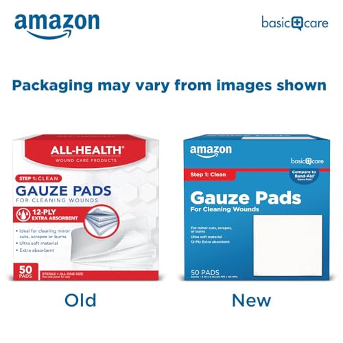 Amazon Basic Care Gauze Pads, 4x4 inches, Sterile, 50 Count | Pack of 4 | For Minor Injuries | Previously All Health - size: 4x4 Inch (Pack of 4)