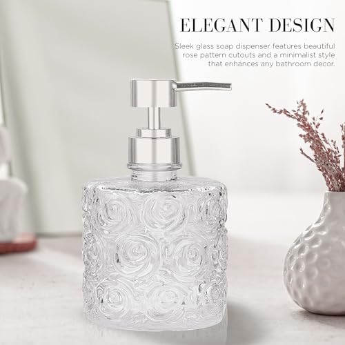 Marcella Glass Soap Dispenser with Soap Pump, Refillable 14 Ounce Capacity, Floral Design Rose Patterns, Heavy Weight Thick Glass for Bathroom, Premium Kitchen Soap Dispenser Clear - color: Clear