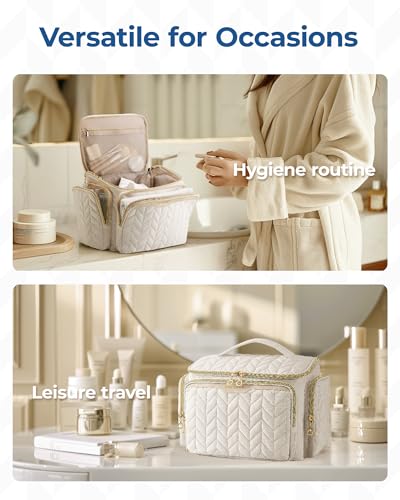 BAGSMART Travel Toiletry Bag, Large Wide-open Travel Bag for Toiletries, Makeup Cosmetic Travel Bag with Handle-Beige - color: Beige