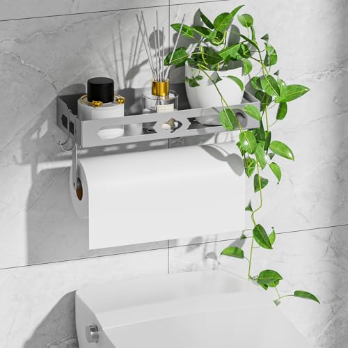 Stylish Kitchen Paper Towel Holder with Shelf - Adhesive Hand Towel Holder for Bathroom Wall Mount, Rust-Resistant Matte Grey Finish for RV Toilet Paper Holder Rack, Easy One-Handed Operation Design - color: Gray
