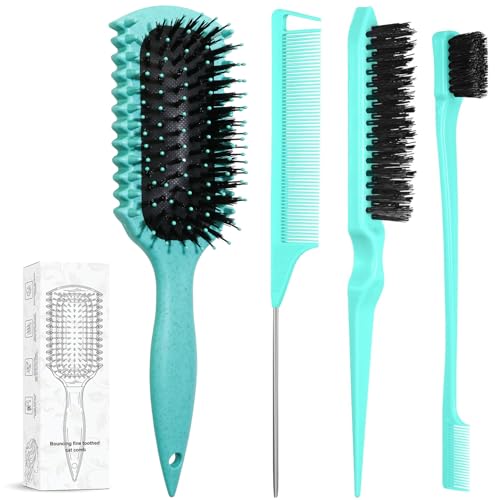 Curl Defining Brush, Curly Hair Brush Products With 3 Pcs Slick Back Hair Brush Set Bristle Brush Edge Control Teasing Comb for women (Green) - color: green