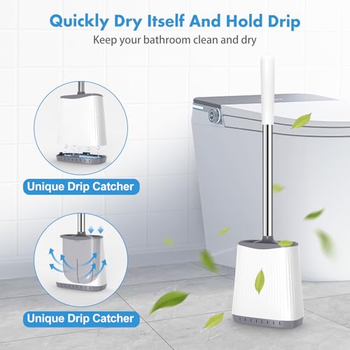 Toilet Brush, Silicone Toilet Brush and Holder, Flexible Toilet Bowl Brush Head with Ventilated Holder, Wall Mounted Compact Toilet Brush Set for Bathroom Cleaning (1, Gray)