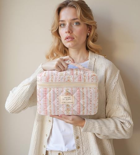 HBselect Quilted Makeup Bag, 3PCS Cotton Large Travel Makeup Bag, Cute Floral Coquette Make up Bag Cosmetic Bag Toiletry Bag for Women Girls - color: A-3PCS-Floral 25