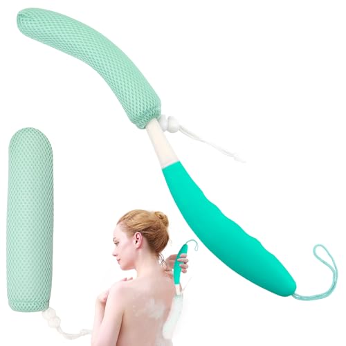 15.35" Back Bath Brush with Sponge,Back Scrubber Bath Mesh with Anti-Slip Curved Long Handle Bath Body Brush for Elderly Aid Bathing and Shower - size: Green+Green Handle