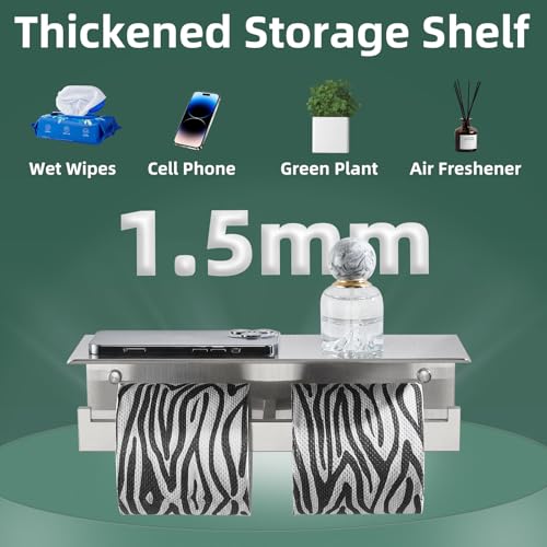 APLusee Double Toilet Paper Holder with Shelf, 304 Stainless Steel Brushed Nickel Bathroom Tissue Holder, Commercial Paper Roll Dispenser Wall Mounted - color: Brushed Nickel, size: Double Rod