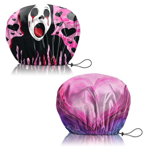 2 PCS Shower Cap Reusable Waterproof Adjustable Double Layer Elastic Dry Hair Bathing Caps Aesthetic Cute for Women Girls-Shout Heart - color: H-19-Shout Heart