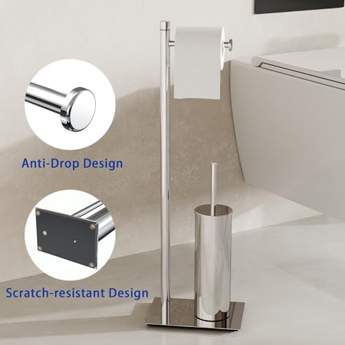 RUACQ Toilet Paper Holder Stand with Toilet Brush and Holder Set, 304 Stainless Steel Bathroom Toilet Tissue Paper Roll Holder Free Standing, Weighted Base, Heavy Duty (Chrome) - color: Chrome, size: Free standing