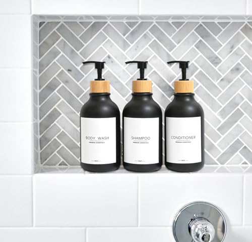 Frosted Plastic Shampoo and Conditioner Bottles, Apothecary Dispenser Bamboo Pump, Refillable Bottles for Shower Lotion, Oil, Hand Soap, Sanitizer, Liquid Soap, Set of 3 with 9 Labels (3, Matte Black) - color: Matte Black