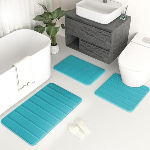 Memory Foam Bath Rugs 3 Piece Thick Soft Bath Mats for Bathroom Water Absorbent Bath Shower Rugs with Non-Slip PVC Bottom,Lake Blue - color: Lake Blue