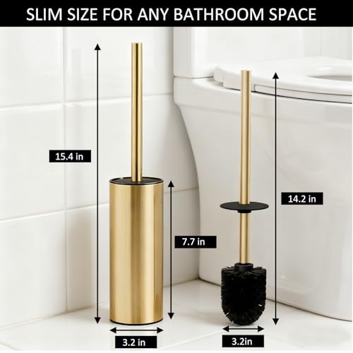 Toilet Brush and Holder Set, NEWRAIN 304 Stainless Steel Toilet Brush with Long Brush Handle, Brushed Gold Toilet Scrubber and Covered Holder, Round Design Sturdy and Space Saving, Covered Brush - color: Brushed Gold