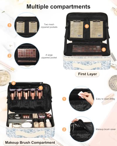 Relavel Makeup Bag Travel Train Case for Women and Girls, Cute Cosmetic Storage Organizer Box Portable Shoulder Bag with Adjustable Dividers and Makeup Brush Comparment, Floral Print - color: Floral Print, size: Medium