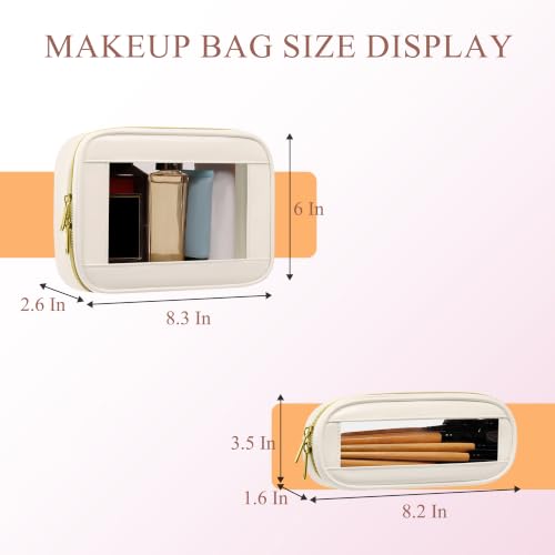 2-Piece Leather Clear Makeup Bag Set, Clear Cosmetic Bag with Zipper, Waterproof Makeup Brush Bag, TSA Approved Toiletry Bag for Travel, Car Organization for Women (Beige-2, Slim+Medium) - color: Beige-2, size: Slim+Medium