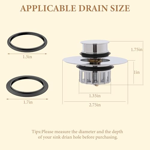 Bathtub Drain Stopper Hair Catcher, Pop Up Sink Stopper with Anti-Clogging Basket, Bathroom Sink Strainer Fits 1.5"-1.75" Bath Drain Hole