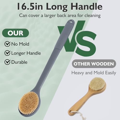 VANZAVANZU 17 Inch Anti-Slip Long Handle Back Scrubber for Shower – Dual-Sided Shower Brush and Shower Back Scrubber with Soft and Stiff Bristles for Wet or Dry Brushing (Gray) - size: 17 in - Gray