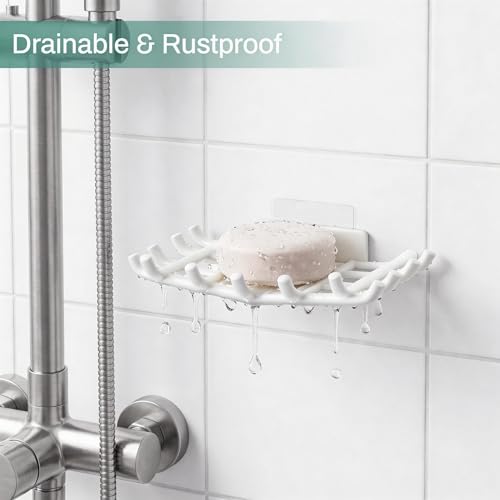 Bar Soap Holder for Shower Wall, Self Draining Plastic Bar Soap Dish Tray Container Case for Bathroom Sink, Adhesive Shower Soap Dish Holder Wall Mounted, White 2 Pack - color: White