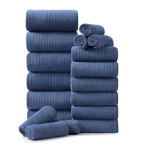 Hailea 18 Piece Family Bath Towel Set Include 6 Bath Towels,6 Hand Towels and 6 Washcloths Soft Bathroom Towel with Hanging Loops,Highly Absorbent Quick Dry Towels Set for Bathroom,Hotel and Spa-Navy - color: Navy, size: 18-Piece Set