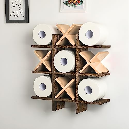Weysat Tic Tac Toe Toilet Paper Holder Stand Bathroom Wall Decor Rustic Wooden Hanging Storage Freestanding Wall Mounted Shelves Decor for Toilet Tissue Farmhouse - color: Wood Color, Brown