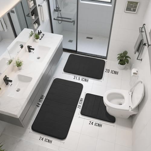 Yimobra 3 Pieces Memory Foam Bath Mat Set with U-Shaped Toilet Rug - Non Slip Super Soft Absorbent Quick Dry Bathroom Rugs for Bathtub, Vanity & Toilet Base, Black - color: Black, size: 44''x24'' + 31.5''x20'' + 24''x20''