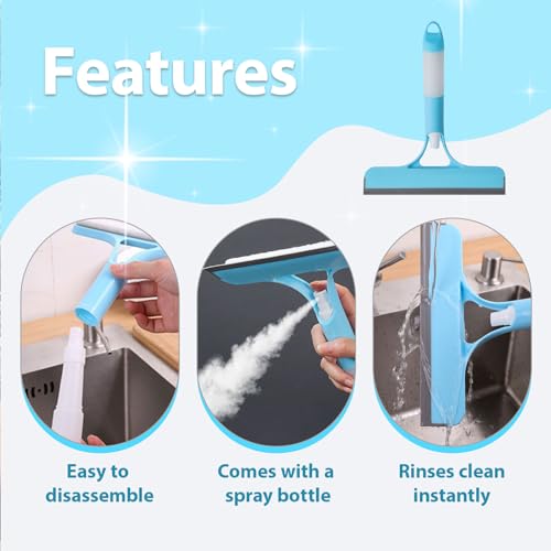 3 in 1 Window Cleaning Scraper Shower Squeegee for Glass Doors Mirror with Sprayer Squiggy for Windshield Cleaner Tool Washing Spray Home Floor Scraper(Blue)