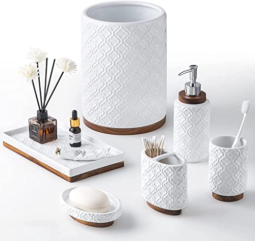 RQYIXI Elegant 6 PCS Ceramic&Wood Bathroom Accessories Set:Soap Dispenser,Toothbrush Holder,Tumbler,Soap Dish,Tray,Trash Can,Easy to Clean,Quatrefoil Pattern,White-Affordable Home Luxury - color: A-white Trash Can