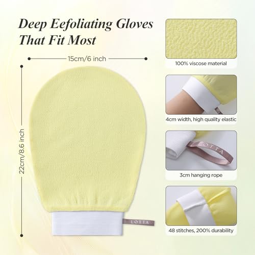 LOTTA Deep Exfoliating Mitt 2pcs - Body Scrub Korean Gloves for Dead Skin Removal & Keratosis Pilaris Treatment - Improve Skin Tone, Body Exfoliator for Shower & Skincare Routine - color: Pink 150D + Yellow 150D 2Pack