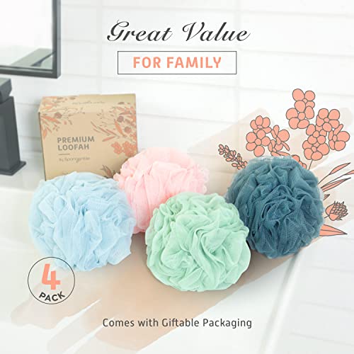 Spongentle Shower Loofah Bath Sponge, Body Scrubber with Soft Mesh, Exfoliating Bath Pouf and Body Wash Sponge for Women and Men, Bath Accessories Cleaning Tool, Large 60g 4 Pack - style: Pastel Mix