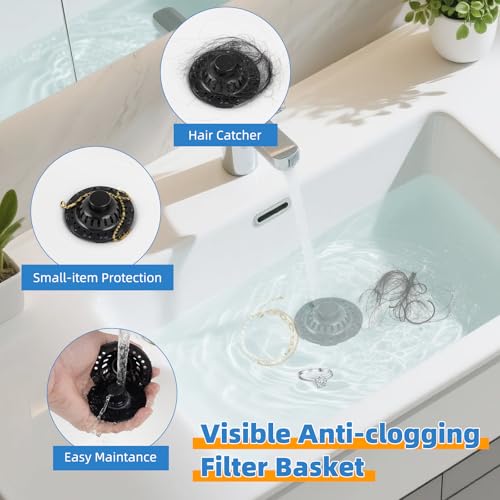 Universal Bathtub Drain Stopper, Brass Metal Shower Hair Catcher, Matte Black | 3 in 1 Bathroom Sink Strainer with Visible Top Filter, Tub Stopper for Standard 1.1''~2.36'' Sink Hole - color: Matte Black