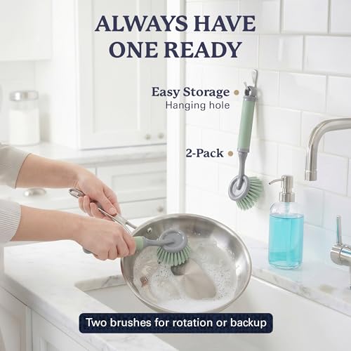 Farberware Dish Brush with Handle, 2 Pack, Firm Bristles | Kitchen scrub brush and dish scrubber removes grease, reaches pot and pan edges, 9in, round head, soft-grip design - color: Sage