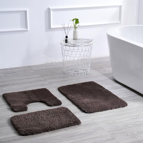 3 Pieces Luxury Bathroom Rug Set with U-Shaped Toilet Rug, Non-Slip Rubber Bottom, Thick Microfiber Fluffy Plush, Water absorption, Quick Dry, Ultra Soft, Bath Mats for Bathroom, Tub(Chocolate) - color: Chocolate