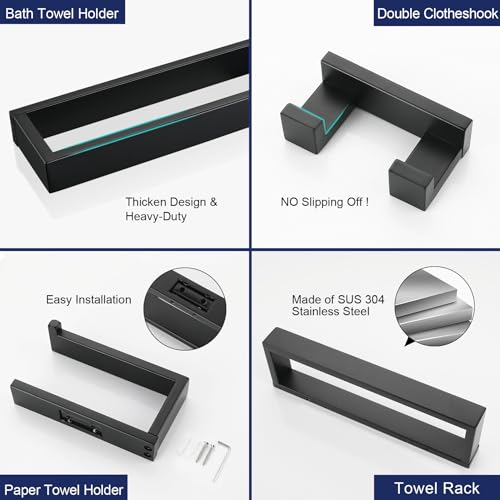 Lairuier 4-Piece Bath Towel Bar Set, Matte Black Bathroom Hardware Set Including Towel Bar,Towel Holder, Toilet Paper Holder, Towel Hook,Stainless Steel Bathroom Hardware Accessories Set - color: Matte Black, size: Set B