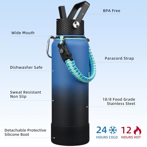 BJPKPK Insulated Water Bottle with Straw Lid, 40oz Large Thermal Flasks with 3 Lids, Paracord Handle & Non-slip Boot, BPA Free Leak Proof Stainless Steel Metal Water Bottles, Tumblers, Cups,Blue Black - color: Blue/Black, size: 40 Ounces