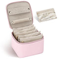 DesignSter Small Jewelry Box, Travel Small Jewelry Organizer with Earring Tray and Ring Holder,Square Travel Jewelry Storage Case with 6 Velvet Jewelry Pouches, Pink - color: Pink