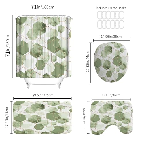 4Pcs Sage Green Geometric Shower Curtain Set, Neutral Modern Art Deco Shower Curtain with Hooks, Elegant Trendy Simple Bathroom Sets with Shower Curtain and Rugs, 71 * 71in - color: Green