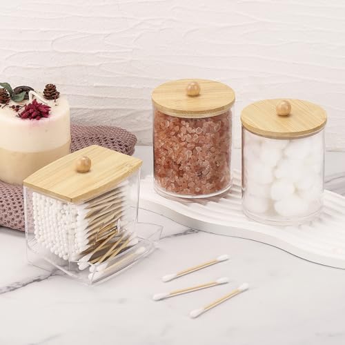 Tbestmax Qtips Dispenser Bathroom Container, 10/12 oz Cotton Ball Holder, Apothecary Jar Organizer for Storage Cotton Swab, Floss Picks (Bamboo Lids) - color: 12oz&10oz Beige
