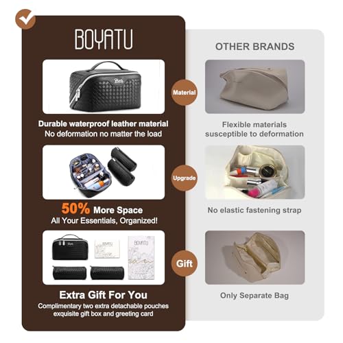 BOYATU Travel Makeup Bags for Women: 3 Pcs Large Make up Bags Set - Vegan Leather Cosmetic Bag for Traveling - Waterproof Toiletry Organizer (L05 Black) - color: L05 Black