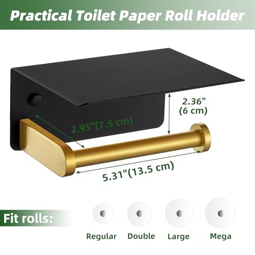 APLusee Black Gold Toilet Paper Holder with Phone Shelf, 304 Stainless Steel Bathroom Paper Holder Wall Mounted, Heavy Duty Tissue Roll Dispenser - color: Black Gold, size: Single Rod