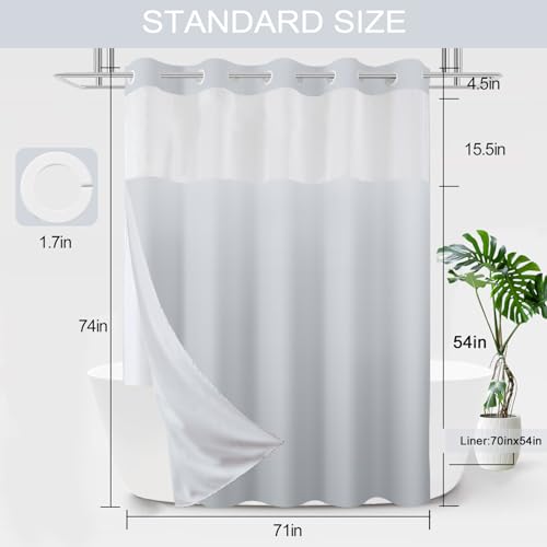 No Hook Shower Curtain with Snap in Liner, Light Grey Shower Curtains and Liner Set, Hotel Fabric Bath Curtain for Bathroom, Mesh Top Window Waterproof Washable, 71" x 74" - color: Light Grey, size: 71"W x 74"L (Pack of 1)