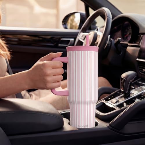 SANDJEST Stripe Stainless Steel Locking Lid Silicone Straw Tumbler with Handle 40oz, Insulated Stainless Steel Travel Cup for Women Girls Friends, Gift Idea for Birthday Summer Vacation (Pink) - color: Pink Stripes