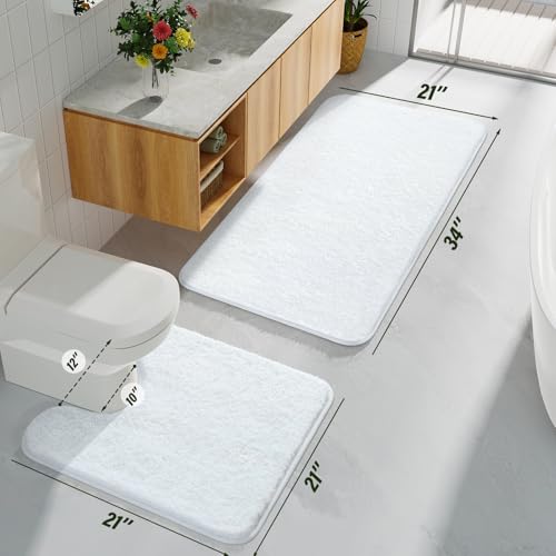 HOMORE White Bathroom Rug Set 2 Piece,Soft Absorbent Bath Mats Set,Machine Washable Bath Rug Sets for Bathroom Non Slip,(21"x34"+21"x21") Plush Shaggy U Shape Contour Toilet - color: White