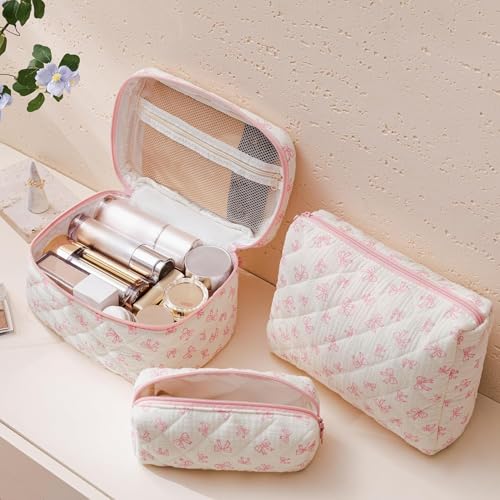 HBselect Quilted Makeup Bag, 3PCS Cotton Large Travel Makeup Bag, Cute Floral Coquette Make up Bag Cosmetic Bag Toiletry Bag for Women Girls - color: A-3PCS-Floral 18