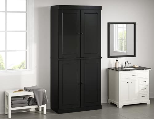 Palace Imports Solid Wood Tall Bathroom Pantry Cabinet with 4 Wooden Doors & Adjustable Shelves, Black - 100% Eco-Friendly, Renewable, Space-Saving Storage, 71.5" H x 32" W, Made in Brazil - color: Black