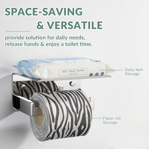 Toilet Paper Holder with Phone Shelf Polished Chrome, APLusee Bathroom Accessories 304 Stainless Steel Tissue Roll Dispenser Storage Wall Mounted - color: Polished Chrome, size: Single Rod