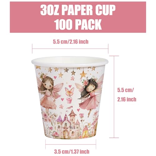 WRAPAHOLIC 3oz Fairy Birthday Paper Cups - 100 Pack Disposable Bathroom Cups with Flower Fairy Castle Design, Small Mouthwash Cup for Toothbrush Rinse, Home Bathroom and Baby Girls Shower - color: Pink Fairy