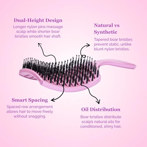 HAPPY HAIR BRUSH Happy Detangler Paddle Brush with Boar Bristles & Nylon Pins | Designed by Women to Detangle & Smooth Thick, Fine or Curly Hair | Pain-Free Slick Back Brush, Ultra Lightweight (Pink) - color: Pink