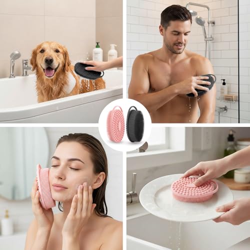 Silicone Body Scrubber 2 Pcs Silicone Loofah Exfoliating Body Scrubber for Men Women Soft Silicones Shower Scrubbers Double Sided Silicones Bath Bodys Brush for All Skin Lather Well, Black and Pink - size: black+pink